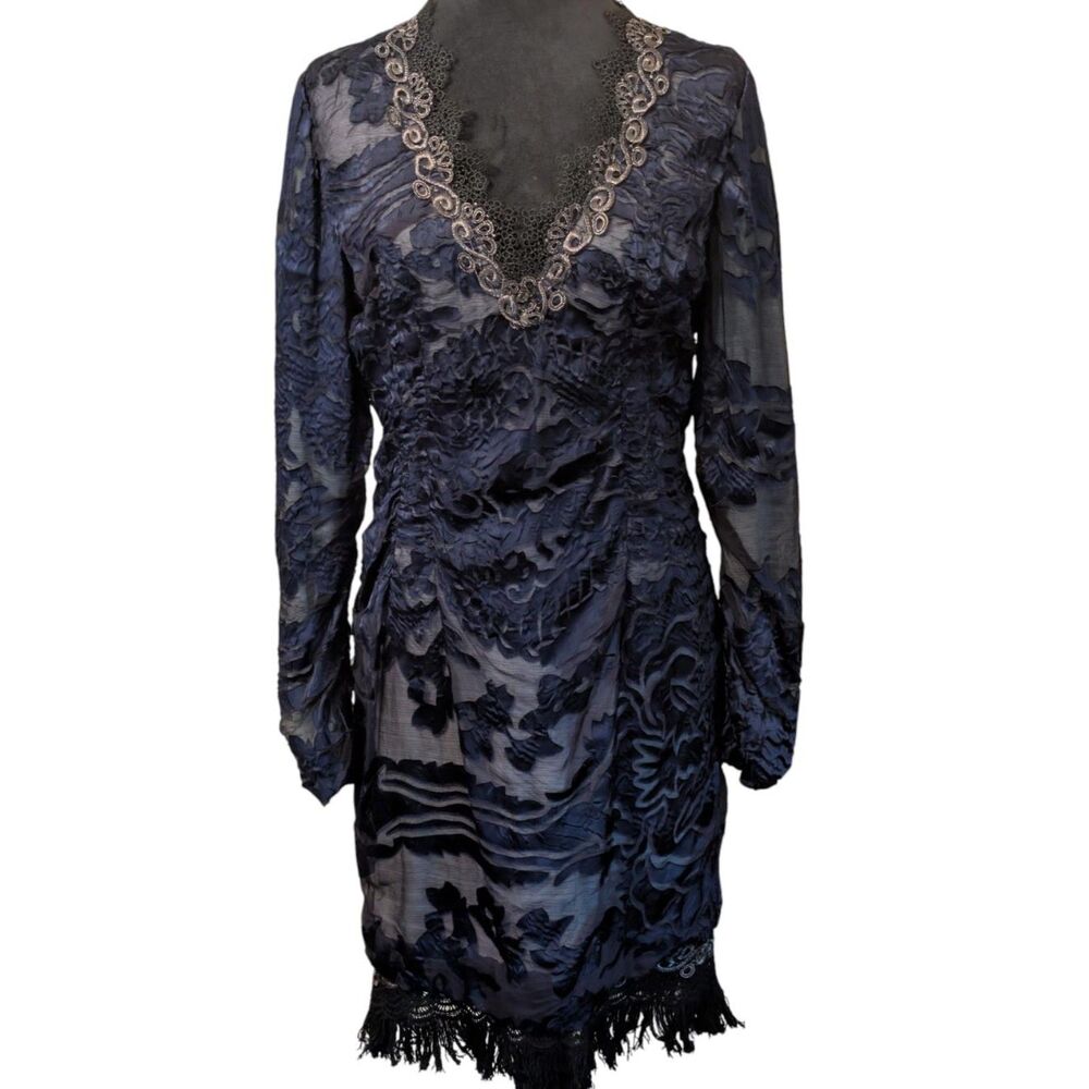 Elie Tahari Navy Whimsigoth Silk-Blend Devoré Velvet Lace Fringe Dress 4